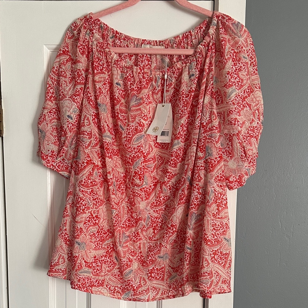 NWT Tory Burch Floral Cotton Gauze Peasant Top Blouse Melon Size 12 Boho - Picture 2 of 9